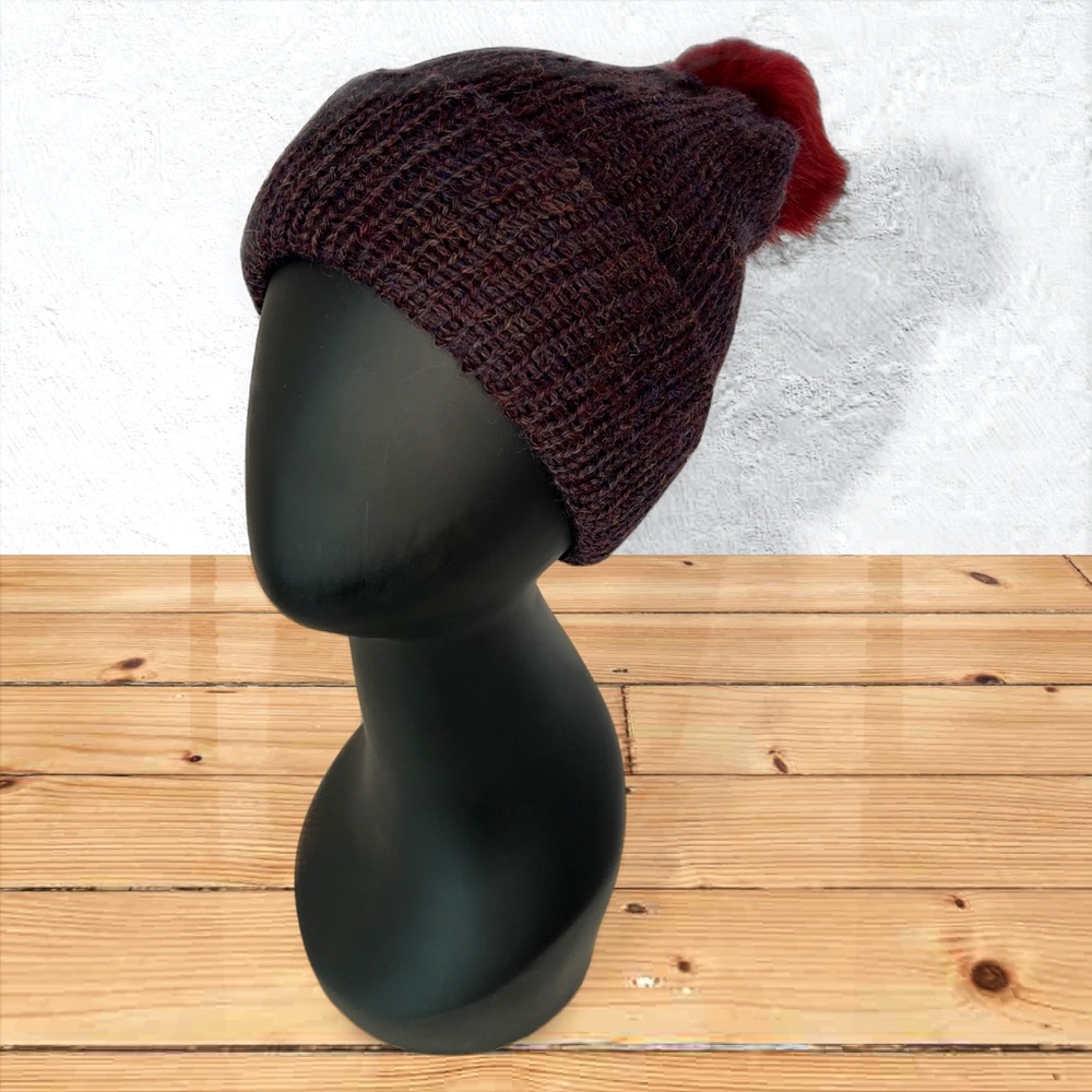 Handmade 100% Alpaca Knit Slouch Hat Beanie Borealis Blue Faux Rabbit Pom Pom - Picture 9 of 11